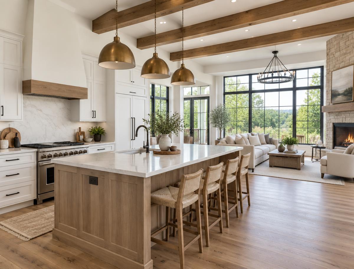 Bright modern farmhouse kitchen and living space